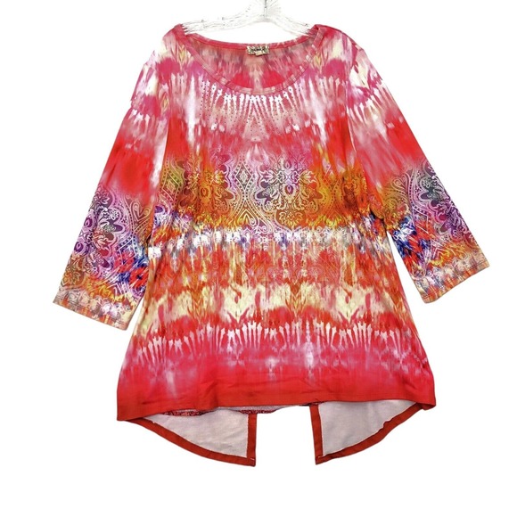 ONE WORLD Sz 1X Knit Boho Tunic Rhinestone‎ Paisley Stretch Long Sleeve Layered - Picture 1 of 10